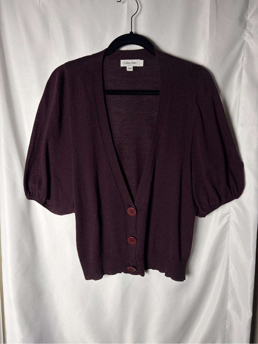 Calvin Klein Deep Plum Maroon Puff Short Sleeve Linen Cotton Cardigan Size Large